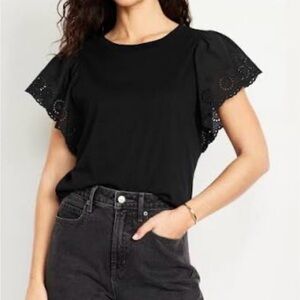 Old Navy Women Cutwork-Sleeve Mixed Fabric Top (Size: M Petite)